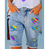 Rainbow Stripe Print Patchwork Raw Hem Denim Shorts - blue