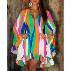 Rainbow Stripe Print Ruffles Bell Sleeve Casual Dress - Multicolor