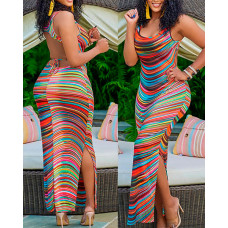 Rainbow Stripe Print Slit Maxi Dress - Multicolor