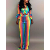 Rainbow Striped Ruffles Tied Front Top & Pants Set - Multicolor