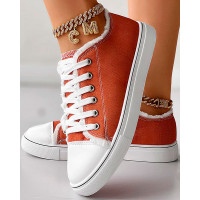 Raw Hem Lace-up Canvas Sneakers - orange