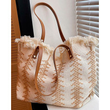 Raw Hem Large Capacity Braided Tote Bag - beige