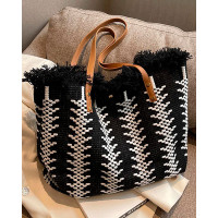 Raw Hem Large Capacity Braided Tote Bag - black