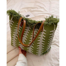 Raw Hem Large Capacity Braided Tote Bag - green