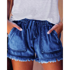 Raw Hem Pocket Design Denim Shorts - dark blue