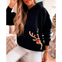 RECYCLED Christmas Moose Print Hooded Sweatshirt - black