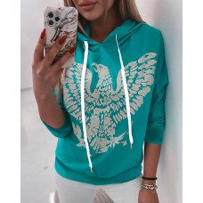 RECYCLED Eagle Print Rhinestone Hooded Top - green