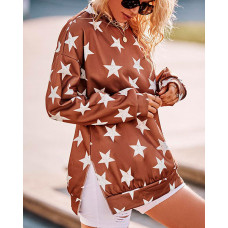 RECYCLED Long Sleeve Star Print Slit Casual Sweatshirt - brown