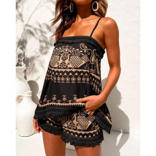 Retro Tribal Print Tassel Trim Cami Top & Shorts Set - black