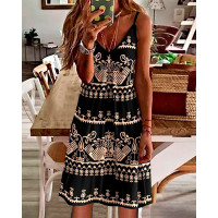 Retro Tribal Print V-Neck Casual Cami Dress - black