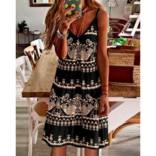 Retro Tribal Print V-Neck Casual Cami Dress - black