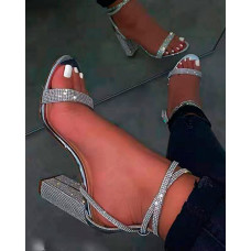 Rhinestone Ankle Strap Chunky Heels - silver