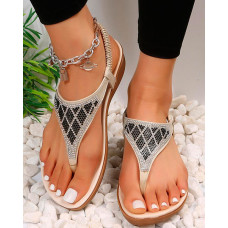 Rhinestone Argyle Pattern Slingback Sandals - beige