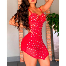 Rhinestone Asymmetrical Hem Bodycon Dress - red