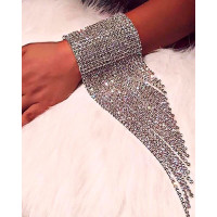 Rhinestone Asymmetrical Tassel Design Wide Bracelet - silver