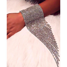 Rhinestone Asymmetrical Tassel Design Wide Bracelet - silver