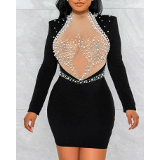 Rhinestone Beaded Decor Contrast Mesh Backless Party Dress - black