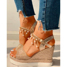 Rhinestone Beaded Detail Platform Wedge Sandals - gold