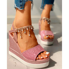 Rhinestone Beaded Detail Platform Wedge Sandals - pink