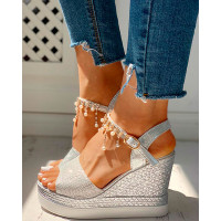 Rhinestone Beaded Detail Platform Wedge Sandals - silver