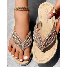 Rhinestone Beaded Leaf Pattern Beach Flip Flops - Apricot