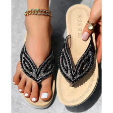 Rhinestone Beaded Leaf Pattern Beach Flip Flops - black