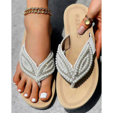 Rhinestone Beaded Leaf Pattern Beach Flip Flops - white