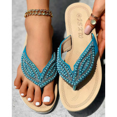 Rhinestone Beaded Leaf Pattern Summer Flip Flops - blue