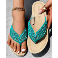 Rhinestone Beaded Leaf Pattern Summer Flip Flops - green