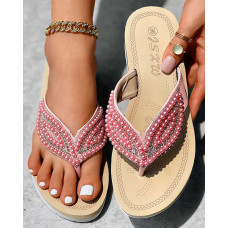 Rhinestone Beaded Leaf Pattern Summer Flip Flops - pink