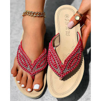 Rhinestone Beaded Leaf Pattern Summer Flip Flops - red