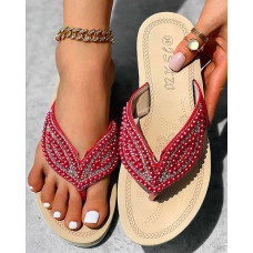 Rhinestone Beaded Leaf Pattern Summer Flip Flops - red