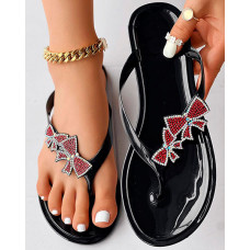 Rhinestone Bowknot Pattern Flip Flops Summer Sandals - black