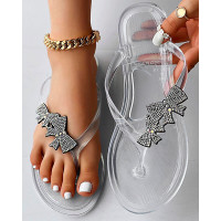 Rhinestone Bowknot Pattern Flip Flops Summer Sandals - clear