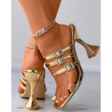 Rhinestone Buckled Clear Strap Pyramid Heels - gold