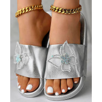 Rhinestone Butterfly Pattern Slippers Outdoor Sandals - silver