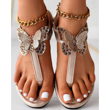 Rhinestone Butterfly Pattern Toe Post Sandals - gold