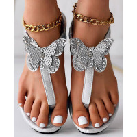 Rhinestone Butterfly Pattern Toe Post Sandals - silver