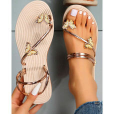 Rhinestone Butterfly Pattern Toe Ring Flip Flops - gold