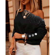 Rhinestone Button Decor Long Sleeve Top - black