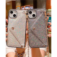 Rhinestone Card Holder iPhone Case With Chain - black