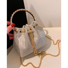 Rhinestone Chain Drawstring Bucket Fashionable Bag - beige