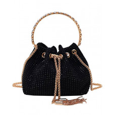 Rhinestone Chain Drawstring Bucket Fashionable Bag - black