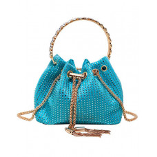 Rhinestone Chain Drawstring Bucket Fashionable Bag - blue