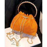 Rhinestone Chain Drawstring Bucket Fashionable Bag - orange