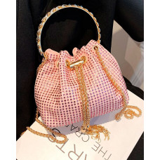 Rhinestone Chain Drawstring Bucket Fashionable Bag - pink