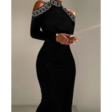 Rhinestone Chain Pattern Cold Shoulder Bodycon Dress - black
