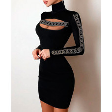 Rhinestone Chain Pattern Cutout Bodycon Dress - black