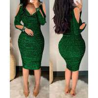 Rhinestone Cold Shoulder Ruched Glitter Bodycon Dress - green