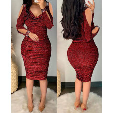 Rhinestone Cold Shoulder Ruched Glitter Bodycon Dress - red